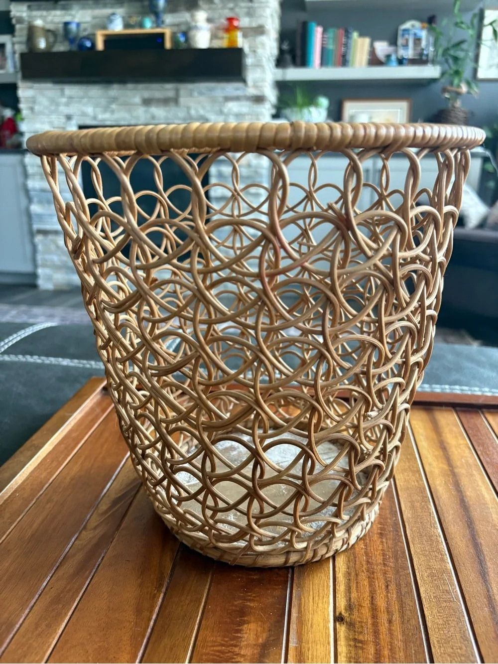 Vintage Handwoven Rattan Accent Basket in Tan Boho Cottage
